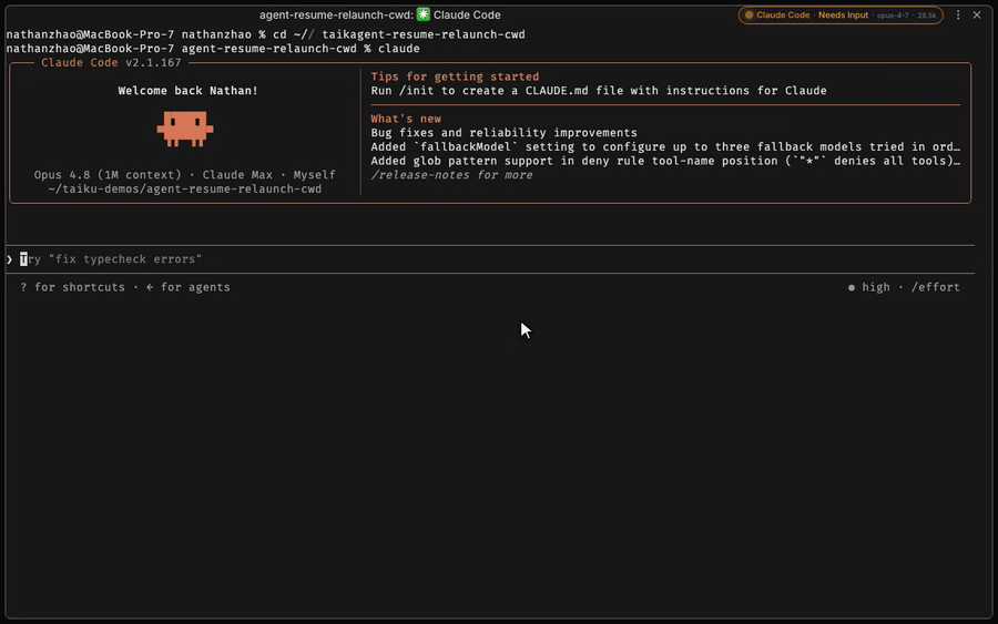 Resuming a previous agent session in a terminal so it continues from where it left off