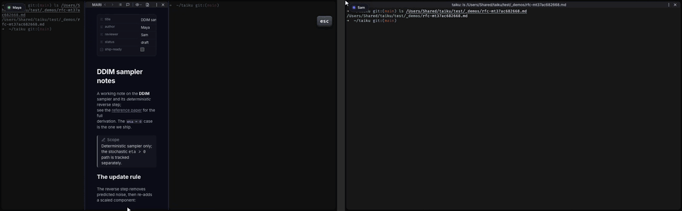 Two people co-authoring one rich markdown note live in a shared session, edits merging as they type