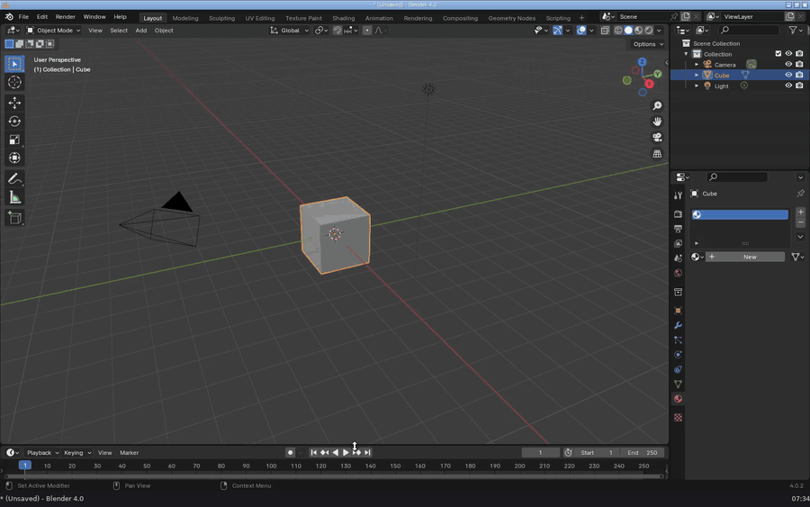 Blender's 3D workspace running on a streamed cloud desktop inside a taiku session
